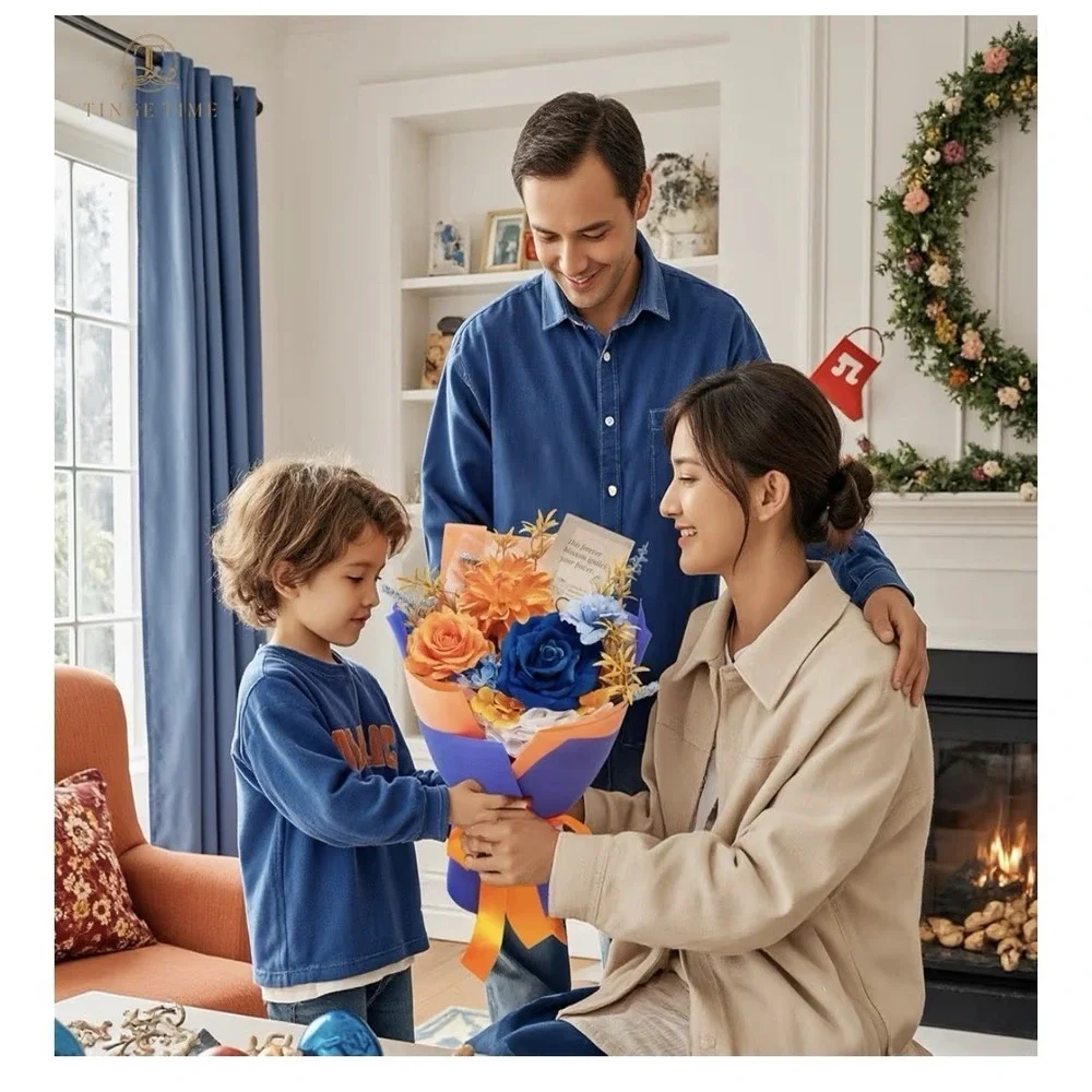 Tinge Time Preserved Flowers Bouquet Orange & Navy Blue Roses ,16 X 12
